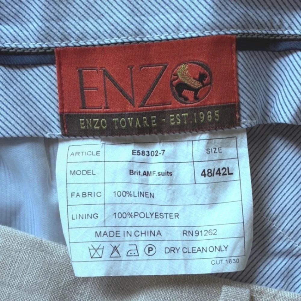 Enzo Tovare 100% Linen Flat Front Trousers Coastal Heritage Preppy 36